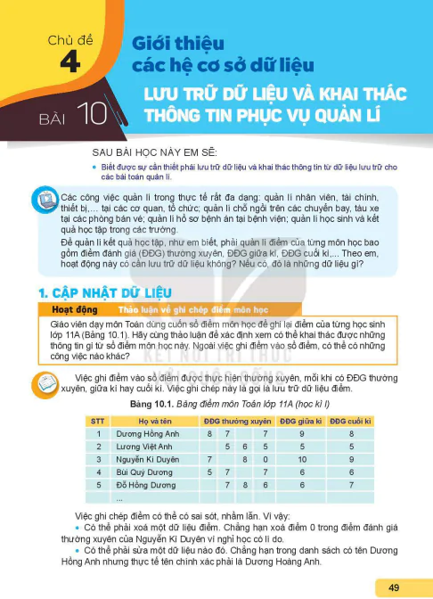 Chủ đề 4. GIỚI THIỆU CÁC HỆ CƠ SỞ DỮ LIỆU..