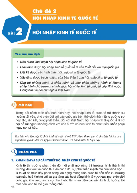 PHẦN MỘT - CHỦ ĐỀ 2: HỘI NHẬP KINH TẾ QUỐC TẾ