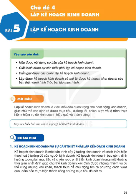 PHẦN MỘT - CHỦ ĐỀ 4: LẬP KẾ HOẠCH KINH DOANH