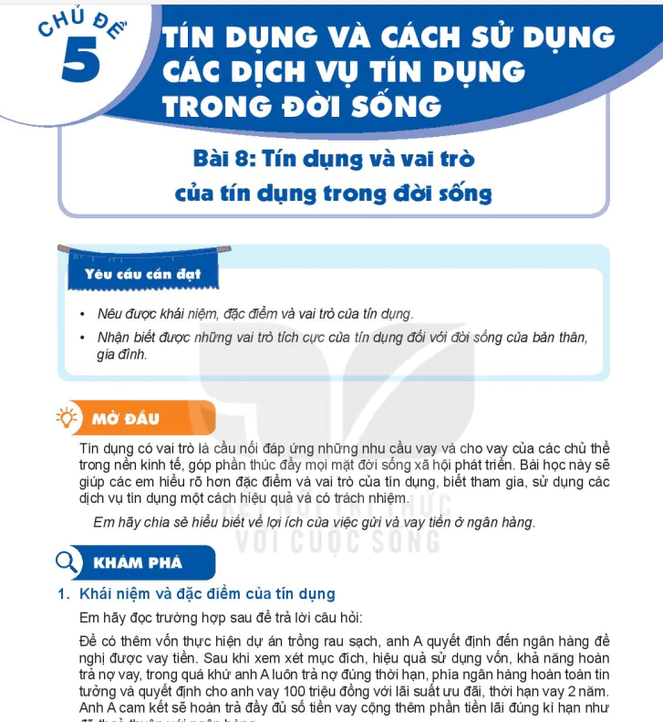 Phần một - Chủ đề 5:  Tín Dụng Và Cách Sử Dụng Các Dịch Vụ Tín Dụng Trong Đời Sống
