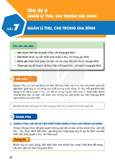 PHẦN MỘT - CHỦ ĐỀ 6: QUẢN LÍ THU, CHI TRONG GIA ĐÌNH