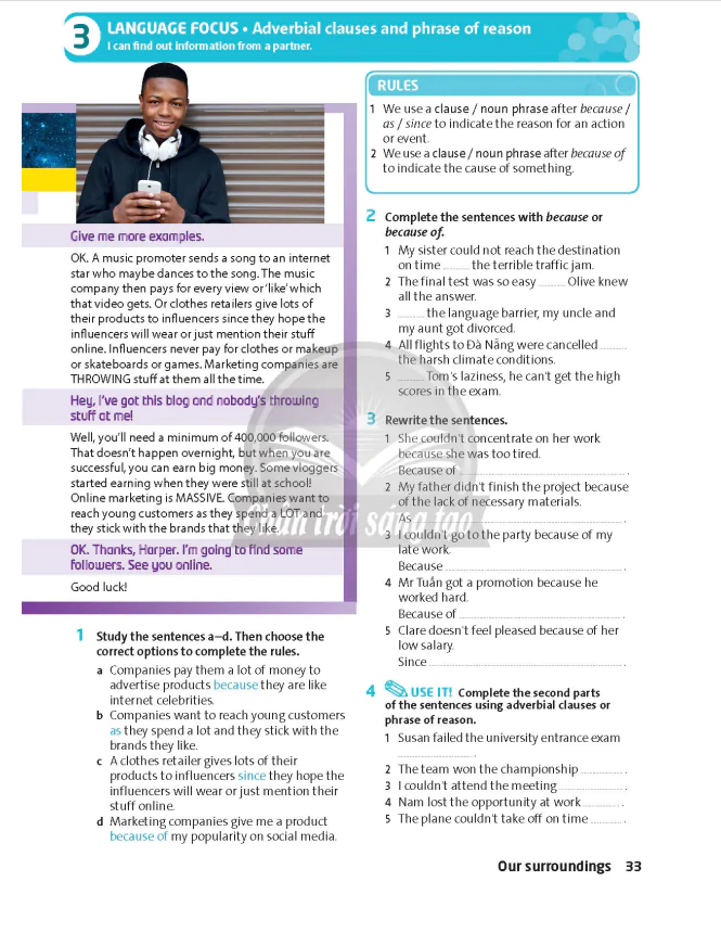 3: LANGUAGE FOCUS - Adverbial clauses and phrase of reason