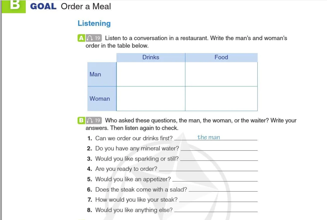 B GOAL: Order a Meal