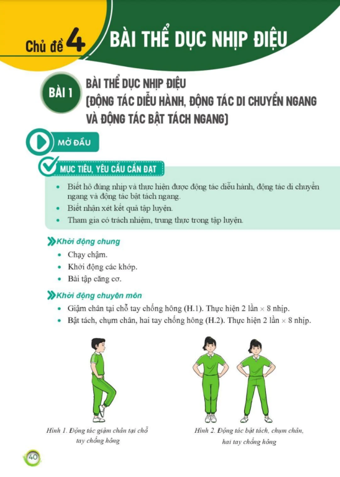 Bài 1. Bài tập thể dục nhịp điệu (Động tác diễu hành, động tác di chuyển ngang và động tác bật tách ngang)