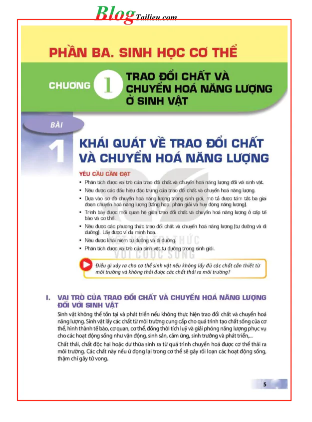 BÀI 1: KHÁI QUÁT VỀ TRAO ĐỔI CHẤT VÀ CHUYỂN HÓA NĂNG LƯỢNG