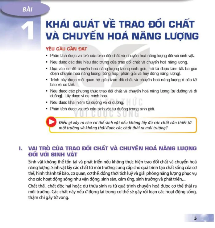 Bài 1: Khái quát về trao đổi chất và chuyển hóa năng lượng