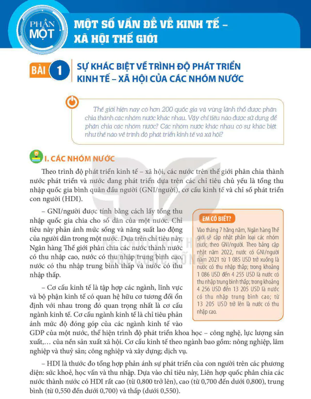 BÀI 1: SỰ KHÁC BIỆT VỀ TRÌNH ĐỘ PHÁT TRIỂN KINH TẾ – XÃ HỘI CỦA CÁC NHÓM NƯỚC