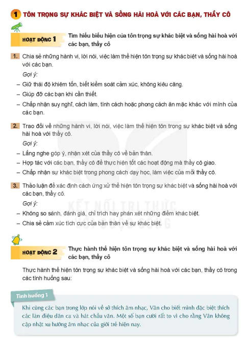 Bài 1: TÔN TRỌNG SỰ KHÁC BIỆT VÀ SỐNG HÀI HOÀ VỚI CÁC BẠN, THẦY CÔ