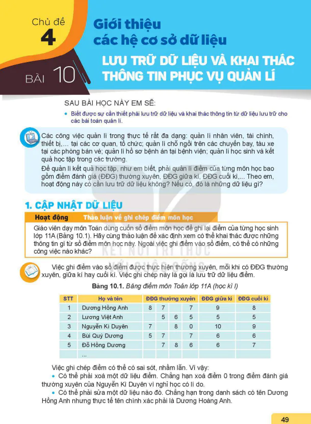 BÀI 10: LƯU TRỮ DỮ LIỆU VÀ KHAI THÁC THÔNG TIN PHỤC VỤ QUẢN LÍ