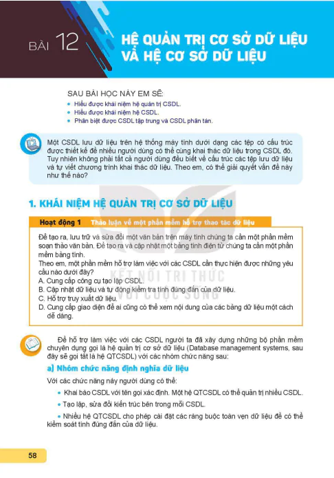 BÀI 12: HỆ QUẢN TRỊ CƠ SỞ DỮ LIỆU VÀ HỆ CƠ SỞ DỮ LIỆU