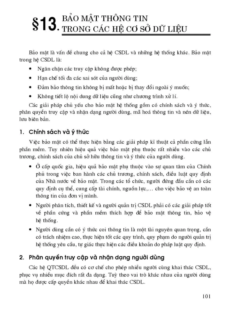 Bài 13: Bảo Mật Thông Tin Trong Các Hệ Cơ Sở Dữ Liệu