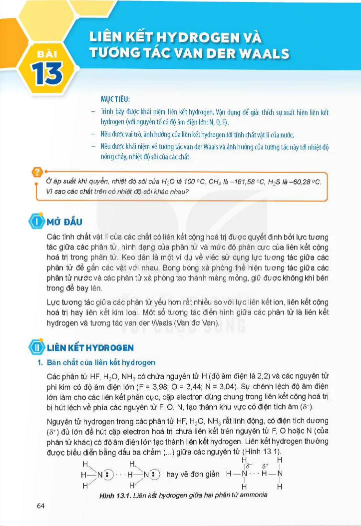Bài 13: Liên kết hydrogen và tương tác van der Waals