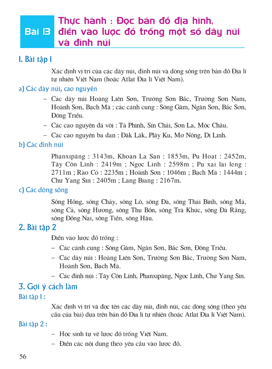 Bài 13: Thực Hành: Đọc Bản Đồ Địa Hình, Điền Vào Lược Đồ Trống Một Số Dãy Núi Và Đỉnh Núi