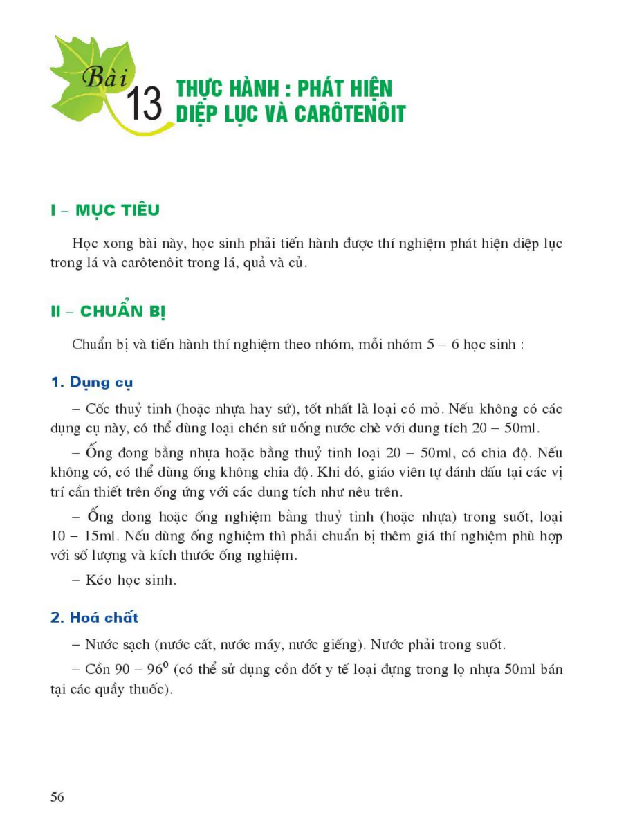 Bài 13: Thực Hành: Phát Triển Diệp Lục Và Carotenoit