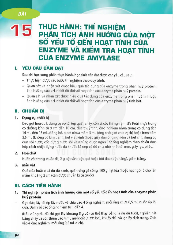 Bài 15: Thực hành thí nghiệm phân tích ảnh hưởng của yếu tố đến hoạt tính và kiểm tra hoạt tính của enzyme amylase