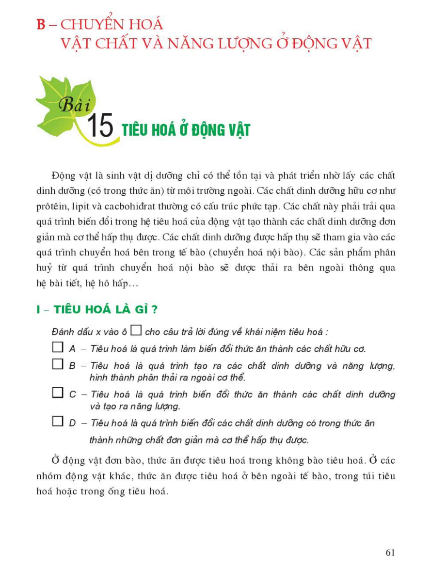 Bài 15: Tiêu Hóa Ở Động Vật