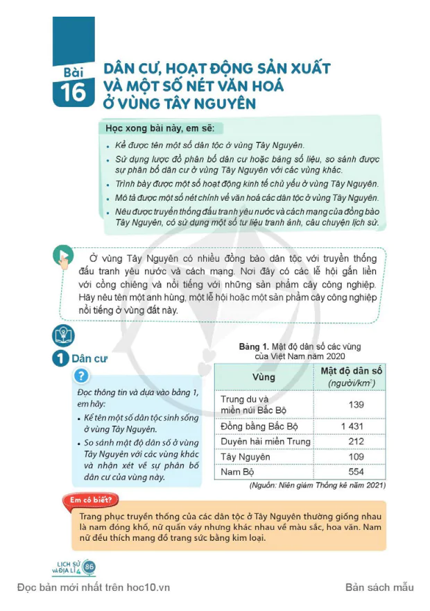 BÀI 16: DÂN CƯ, HOẠT ĐỘNG SẢN XUẤT VÀ MỘT SỐ NÉT VĂN HÓA Ở VÙNG TÂY NGUYÊN