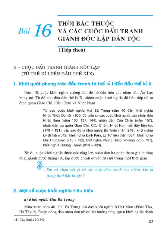 Bài 16: Thời Bắc thuộc và các cuộc đấu tranh giành độc lập dân tộc ( Tiếp theo)
