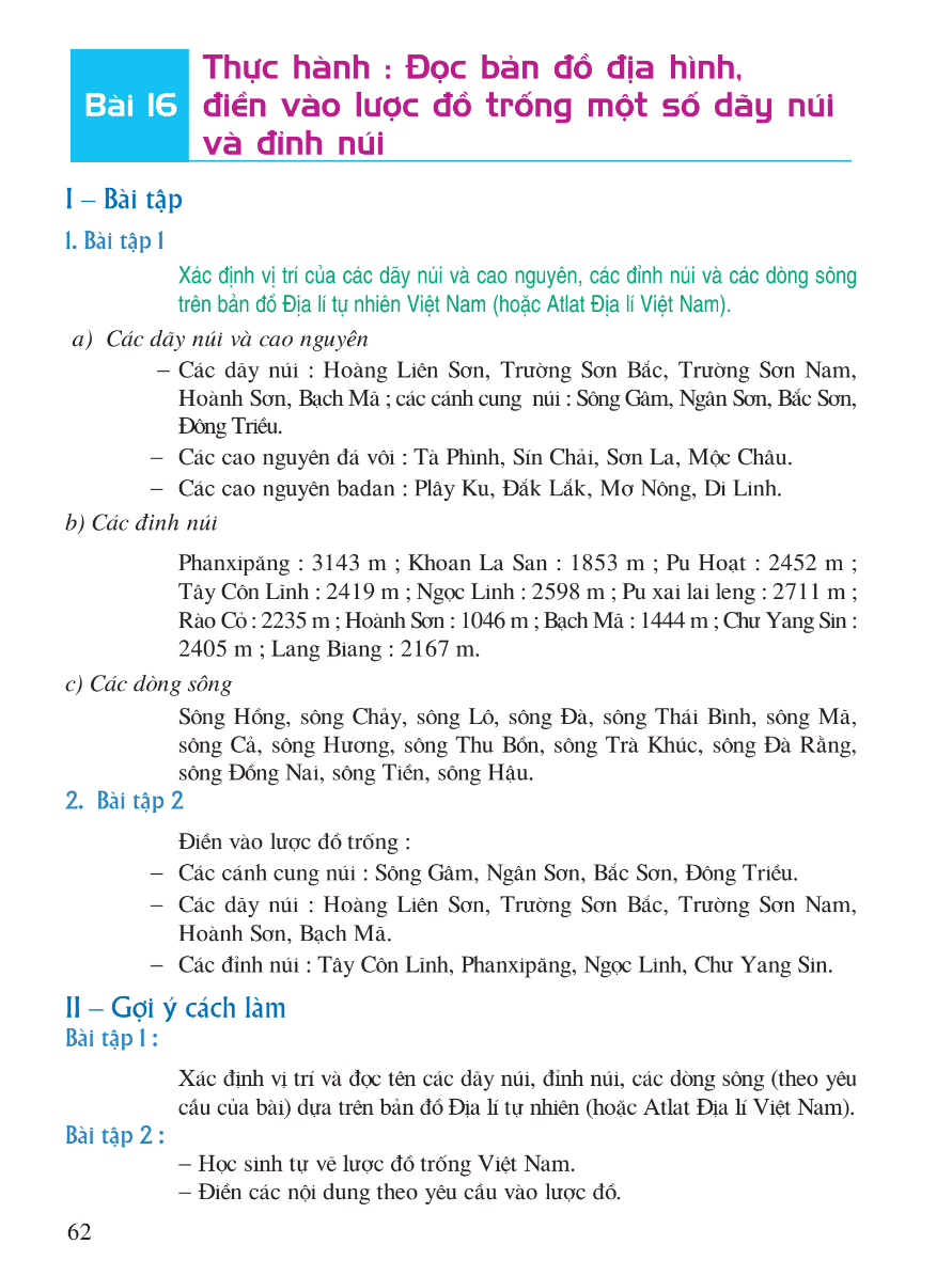 Bài 16: Thực Hành: Đọc Bản Đồ Địa Hình, Điền Vào Lược Đồ Trống Một Số Dãy Núi Và Đỉnh Núi