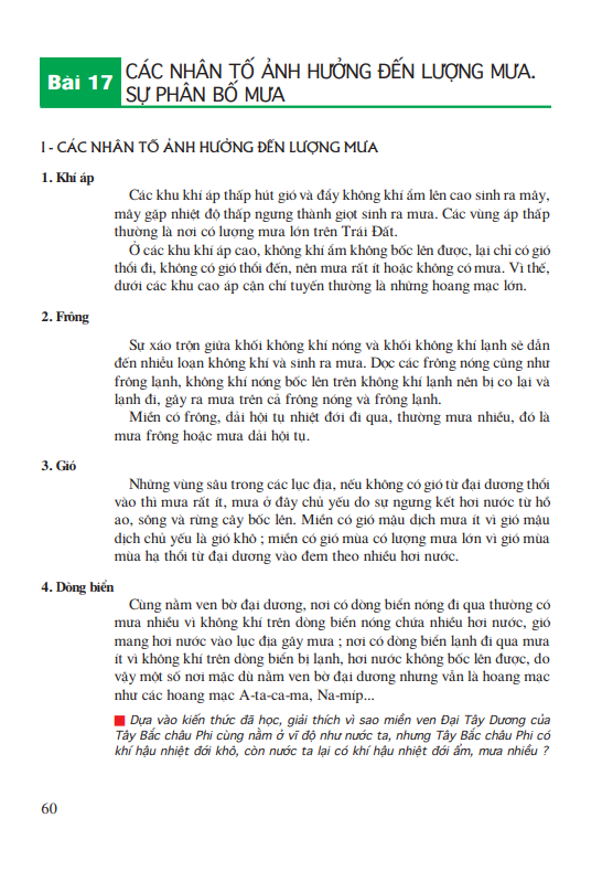 Bài 17: Các nhân tố ảnh hưởng đến lượng mưa. Sự phân bố mưa
