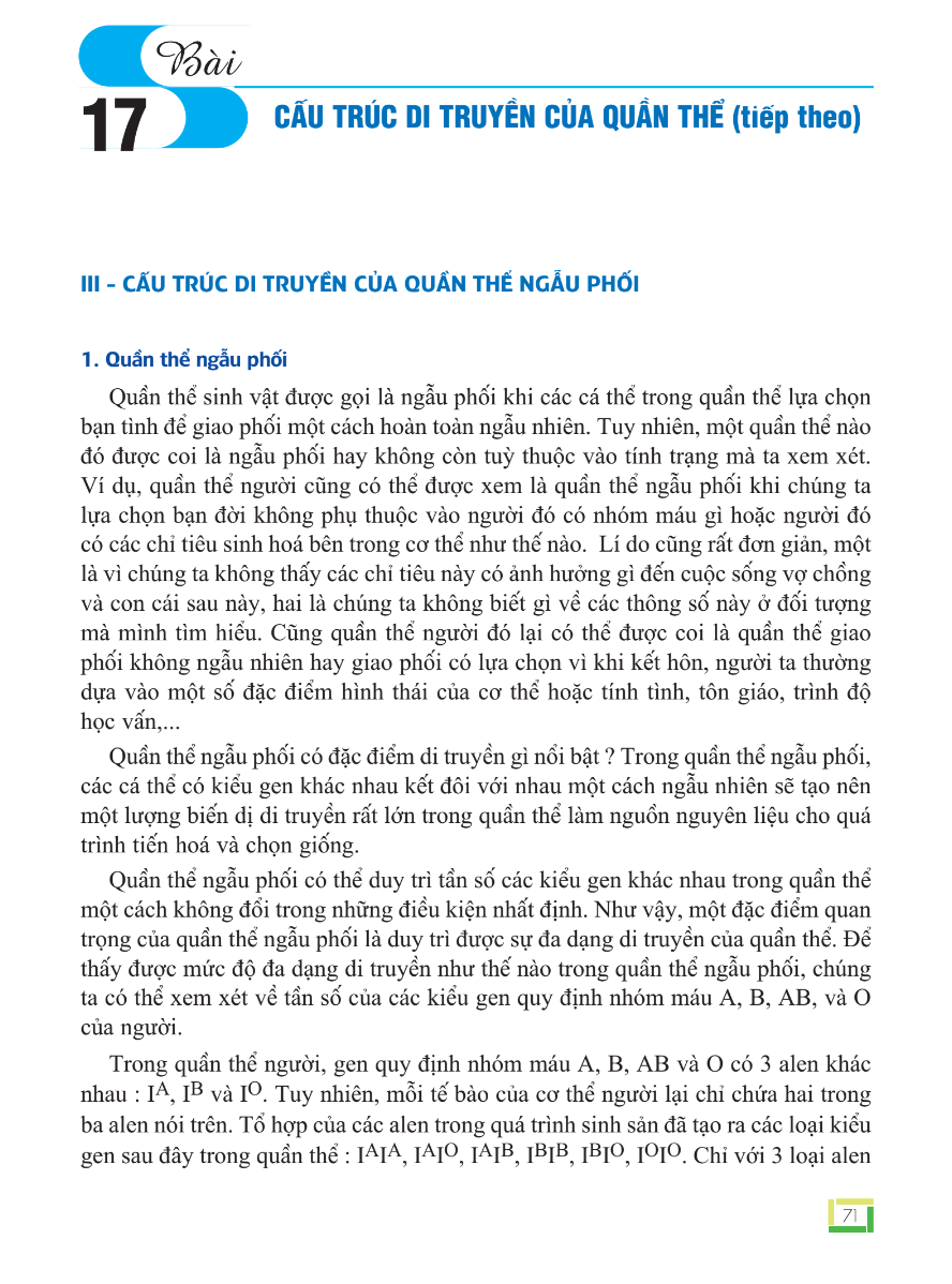 Bài 17: Cấu Trúc Di Truyền Của Quần Thể (Tiếp theo)