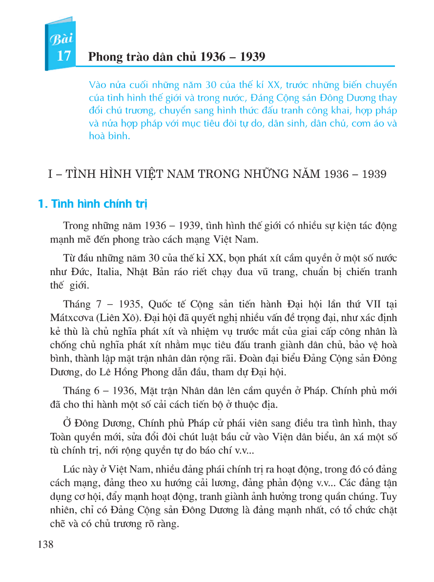 Bài 17: Phong Trào Dân Chủ 1936 - 1939