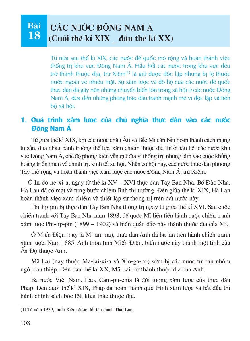 Bài 18: Các Nước Đông Nam Á (Cuối Thế Kỉ XIX - Đầu Thế Kỉ XX)