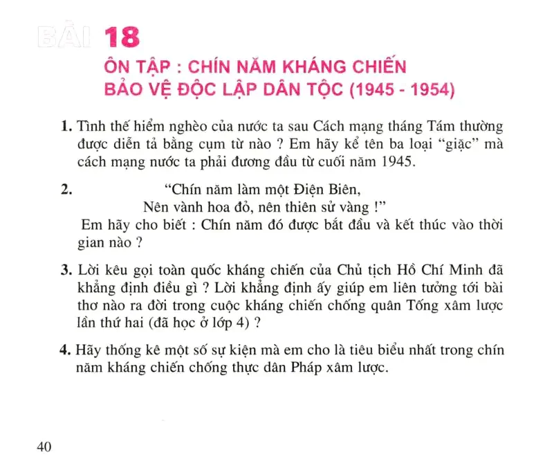 Bài 18: Ôn tập: Chín năm kháng chiến bảo vệ độc lập dân tộc (1945 – 1954)