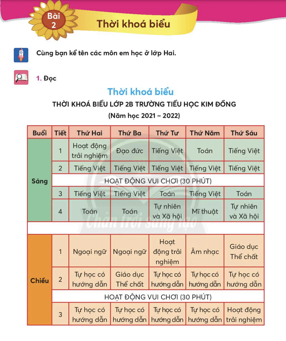 Bài 2: Thời khoá biểu