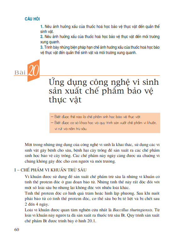 Bài 20: Ứng dụng công nghệ vi sinh sản xuất chế phẩm bảo vệ thực vật