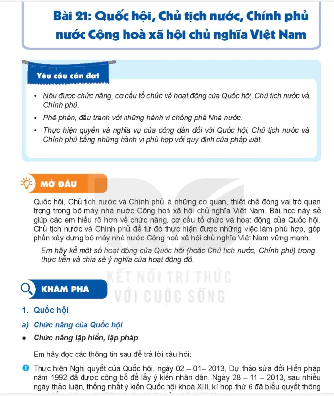 Bài 21: Quốc hội, Chủ tịch nước, Chính phủ nước Cộng hoà xã hội chủ nghĩa Việt Nam