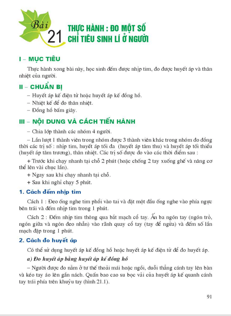 Bài 21: Thực Hành: Đo Một Số Chỉ Tiêu Sinh Lí Ở Người