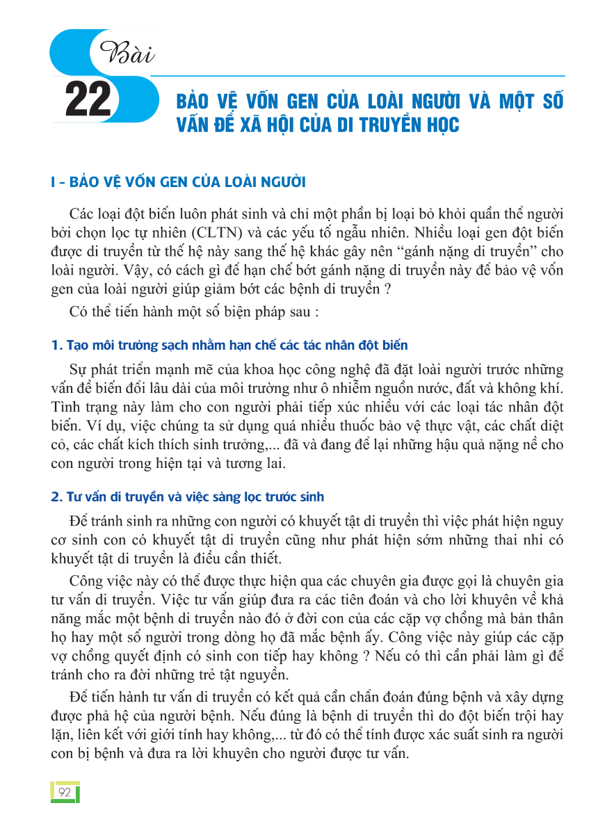 Bài 22: Bảo Vệ Vốn Gen Của Loài Người Và Một Số Vấn Đề Xã Hội Của Di Truyền Học