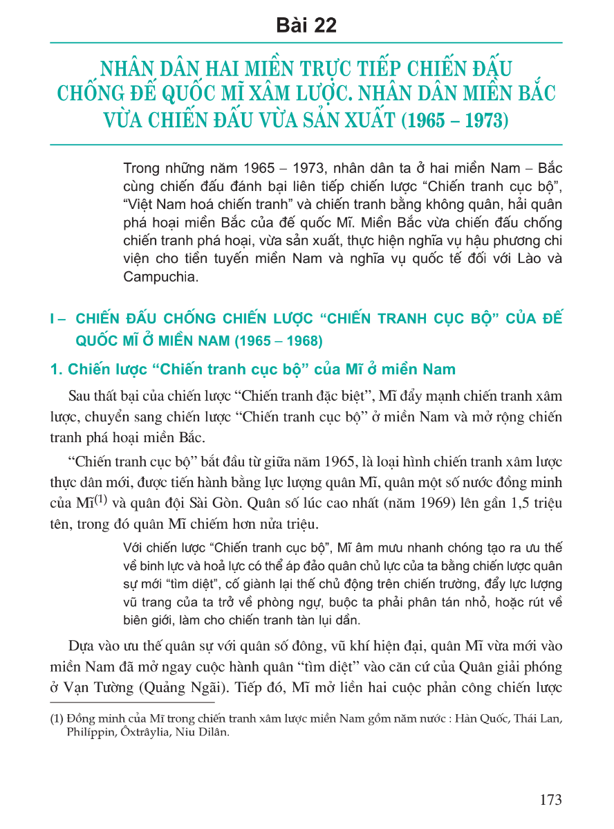 Bài 22: Nhân Dân Hai Miền Trực Tiếp Chiến Đấu Chống Đế Quốc Mĩ. Nhân Dân Miền Bắc Vừa Chiến Đấu Vừa Sản Xuất (1965 - 1973)