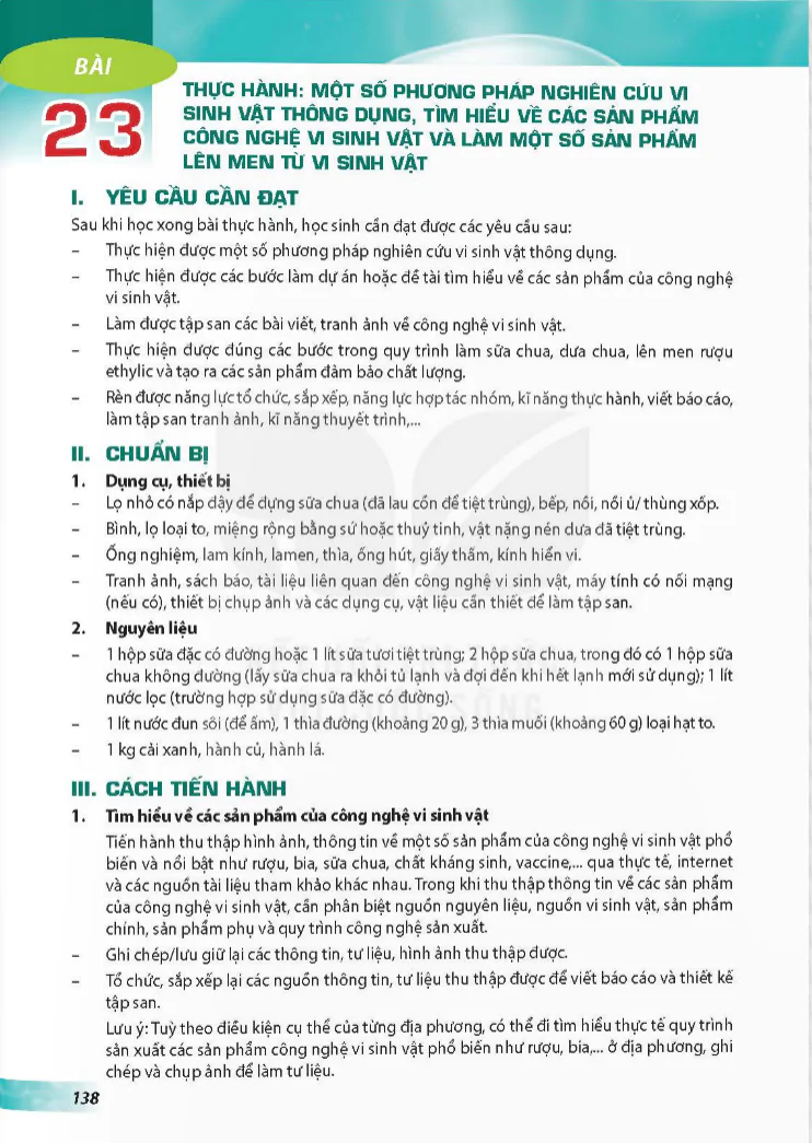Bài 23: Thực hành một số phương pháp nghiên cứu vi sinh vật thông dụng