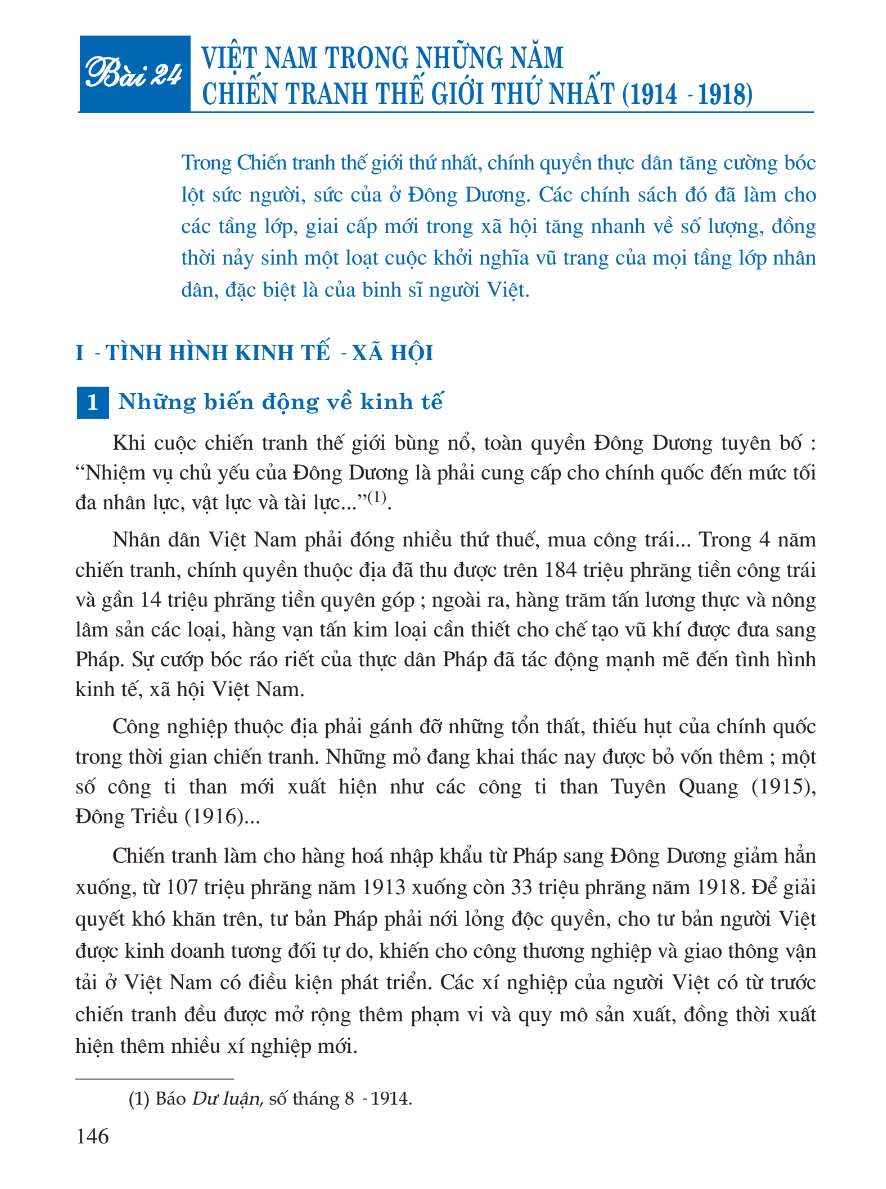 Bài 24: Việt Nam Trong Những Năm Chiến Tranh Thế Giới Thứ Nhất (1914 - 1918)