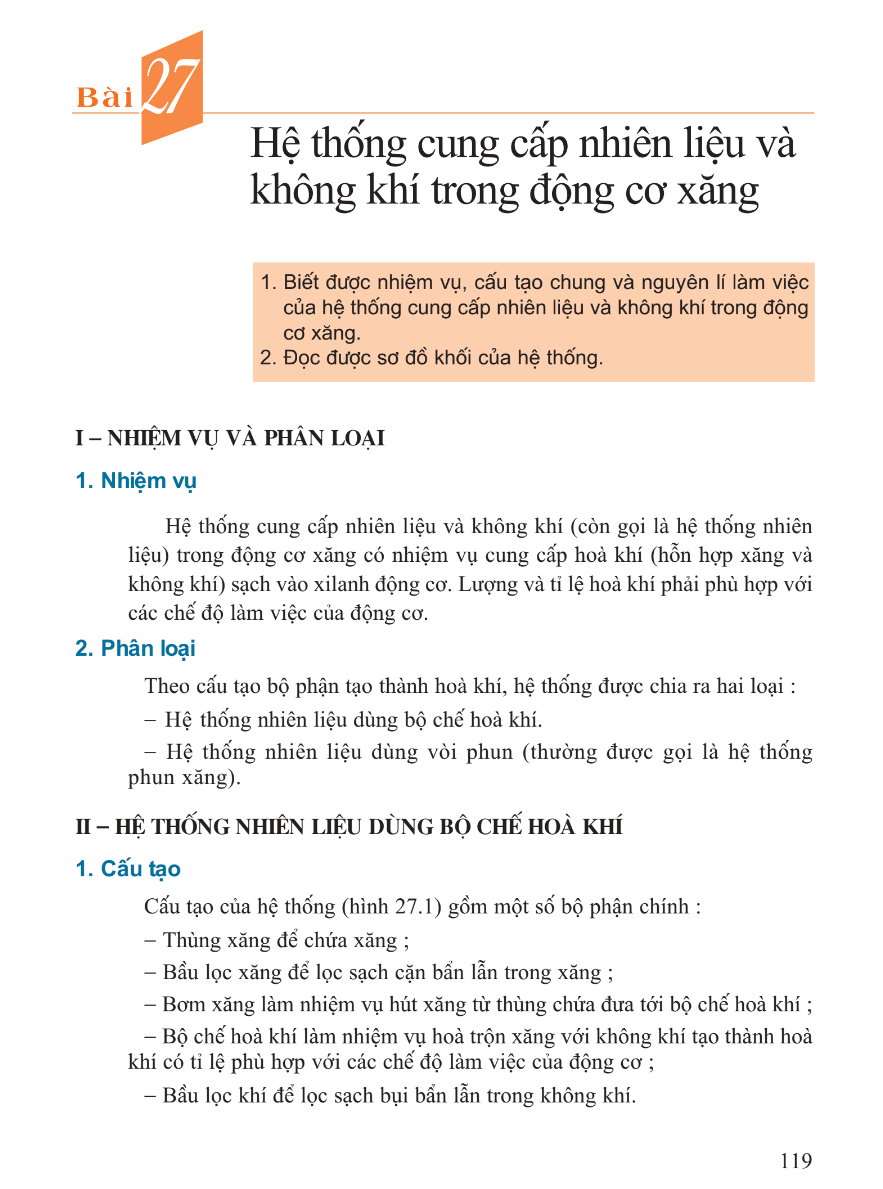 Bài 27: Hệ Thống Cung Cấp Nhiên Liệu Và Không Khí Trong Động Cơ Xăng