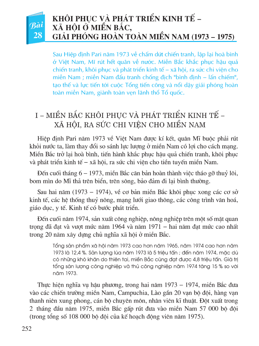Bài 28: Khôi Phục Và Phát Triển Kinh Tế - Xã Hội Ở Miền Bắc, Giải Phóng Hoàn Toàn Miền Nam (1973 - 1975)