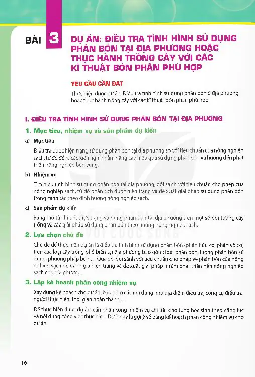 Bài 3: Dự Án: Điều Tra Tình Hình Sử Dụng Phân Bón Tại Địa Phương Hoặc Thực Hành Trồng Cây Với Các Kĩ Thuật Bón Phân Phù Hợp