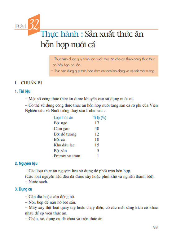 Bài 32: Thực hành: Sản xuất thức ăn hỗn hợp nuôi cá