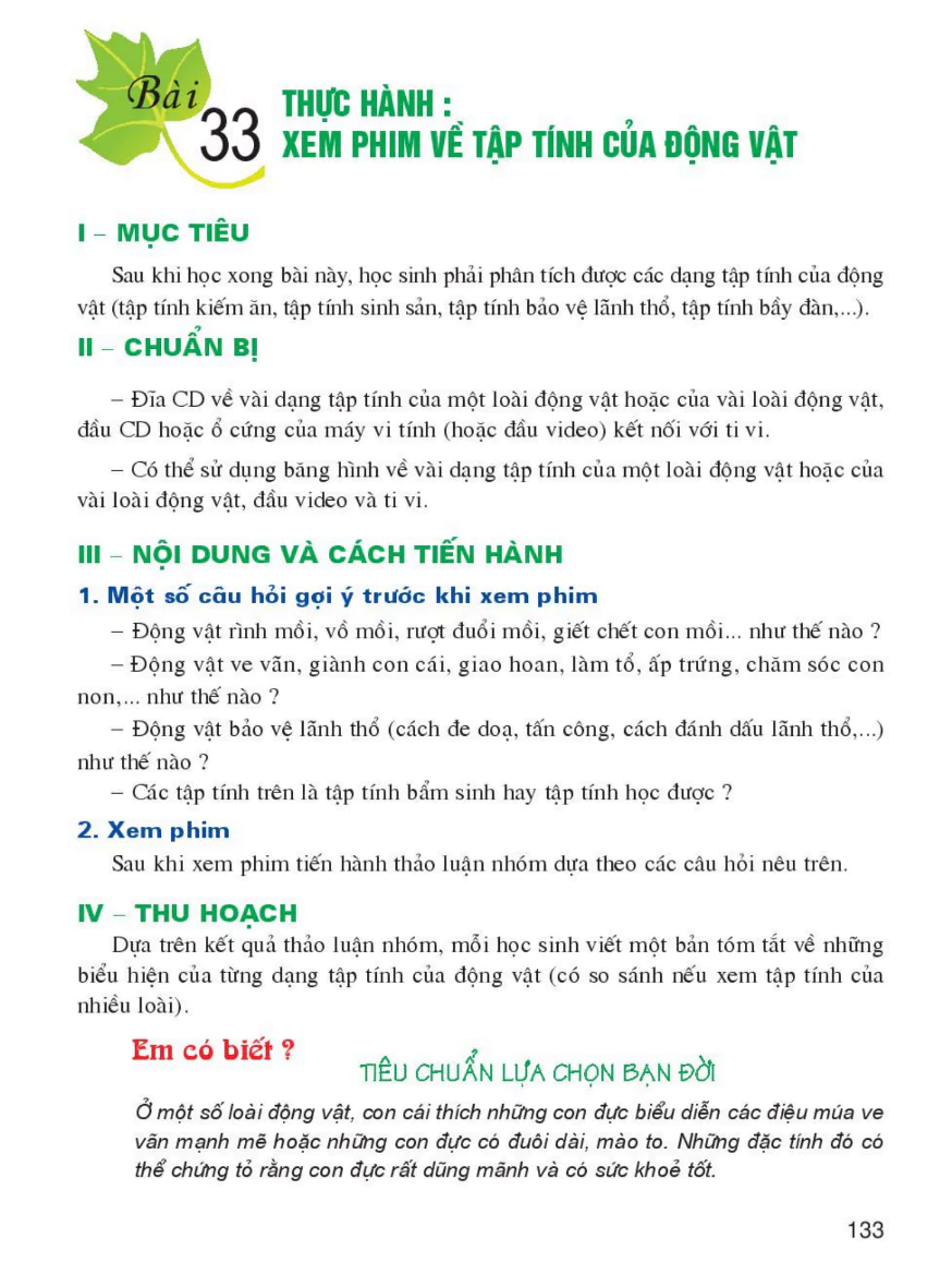 Bài 33: Thực Hành: Xem Phim Về Tập Tính Của Động Vật