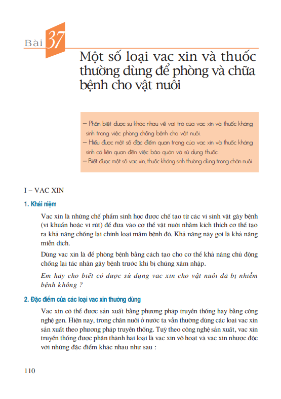 Bài 37: Một số loại vac xin và thuốc thường dùng để phòng và chữa bệnh cho vật nuôi