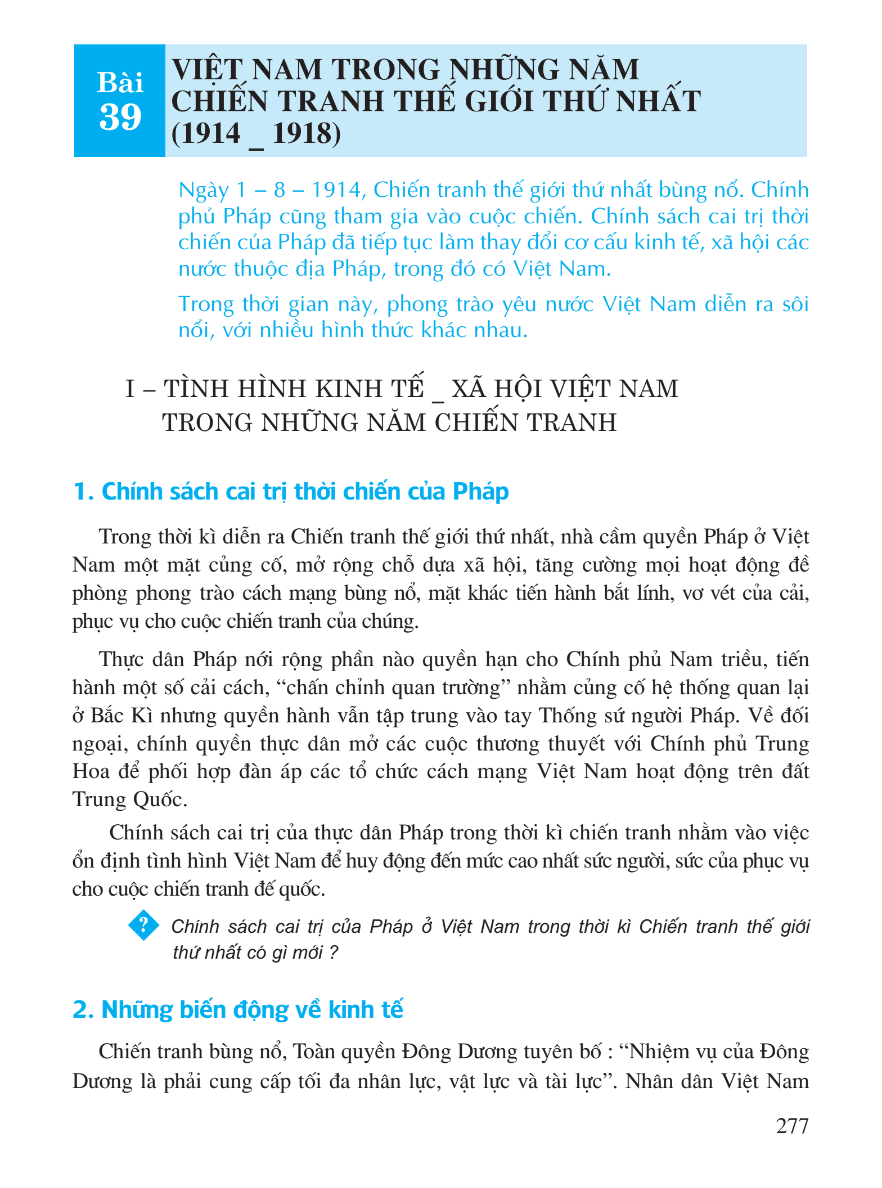 Bài 39: Việt Nam Trong Những Năm Chiến Tranh Thế Giới Thứ Nhất (1914 - 1918)