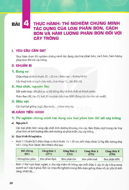 Bài 4: Thực Hành: Thí Nghiệm Chứng Minh Tác Dụng Của Loại Phân Bón, Cách Bón Và Hàm Lượng Phân Bón Đối Với Cây Trồng