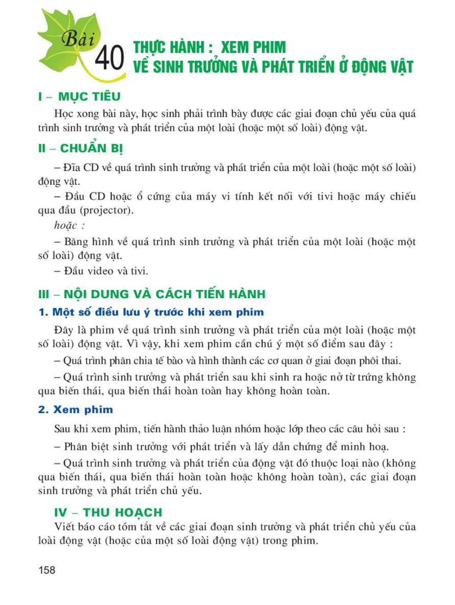Bài 40: Thực Hành: Xem Phim Về Sinh Trưởng Và Phát Triển Ở Động Vật