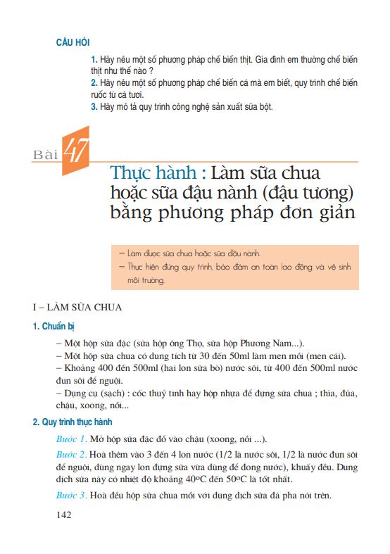 Bài 47: Thực hành: Làm sữa chua hoặc sữa đậu nành bằng phương pháp đơn giản