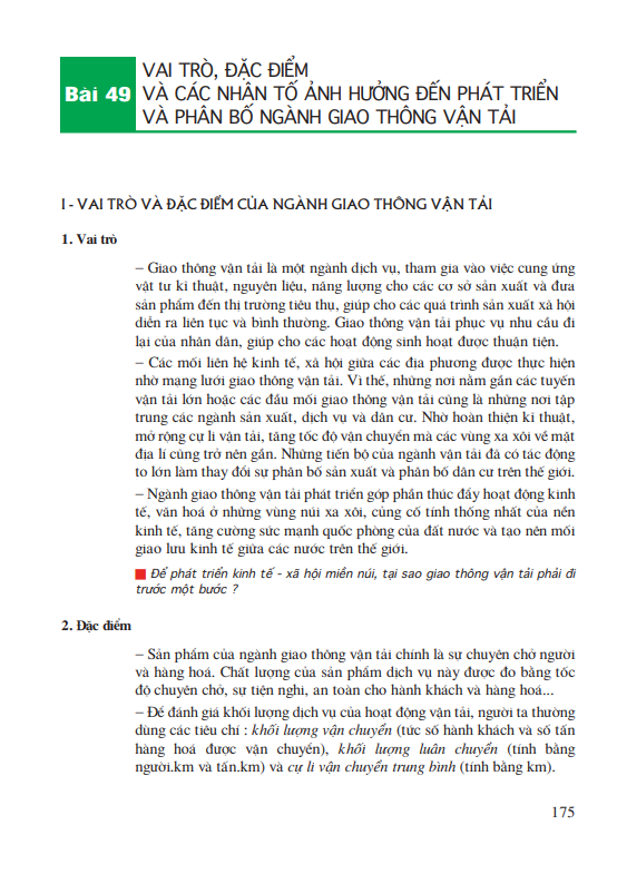 Bài 49: Vai trò, đặc điểm và các nhân tố ảnh hưởng đến phát triển và phân bố ngành giao thông vận tải