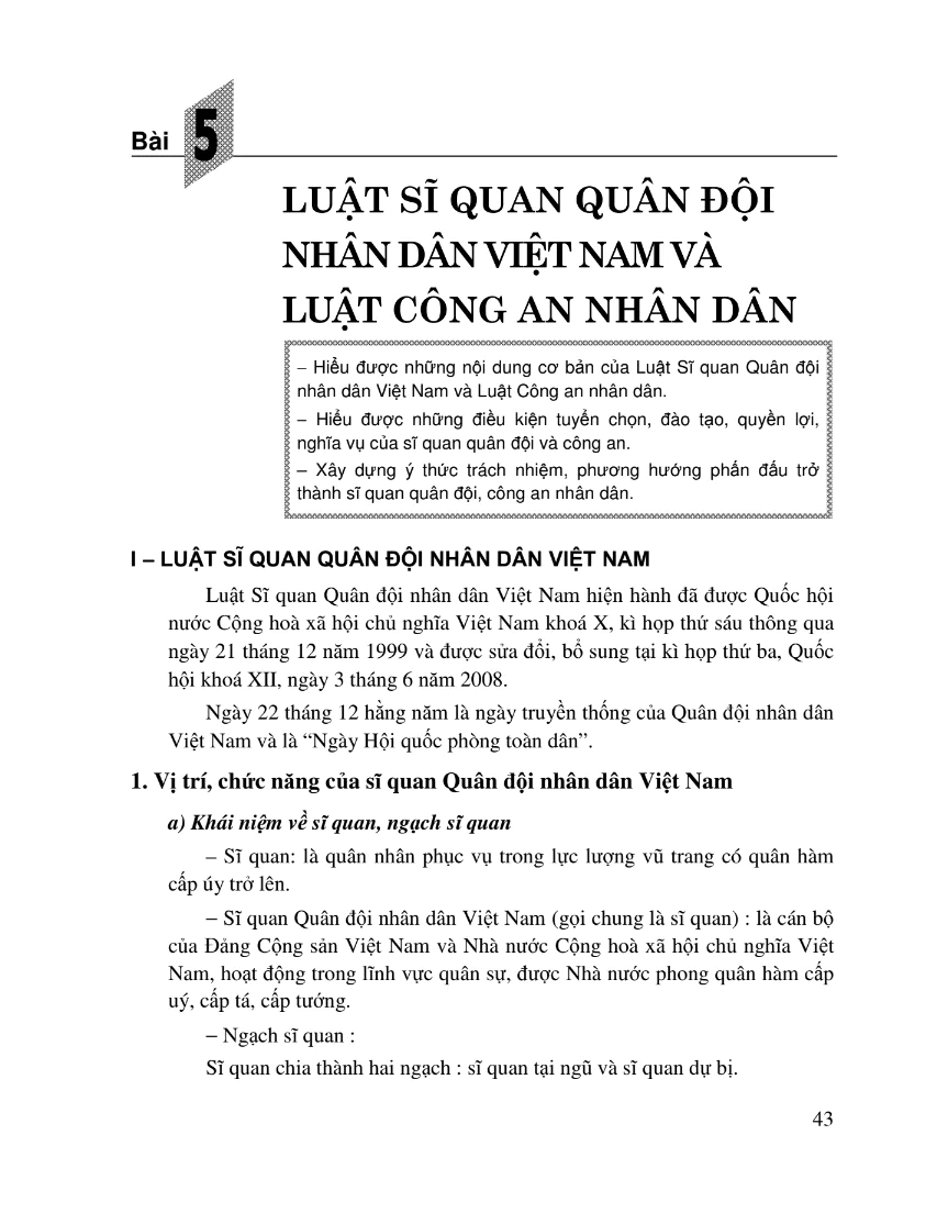 Bài 5: Luật Sĩ Quan Quân Đội Nhân Dân Việt Nam Và Luật Công An Nhân Dân