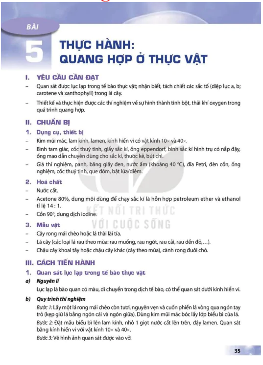 BÀI 5: THỰC HÀNH: QUANG HỢP Ở THỰC VẬT