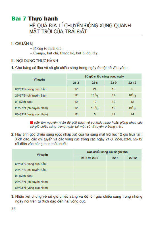 Bài 7: Thực hành: Hệ quả địa lí chuyển động xung quanh Mặt Trời của Trái Đất